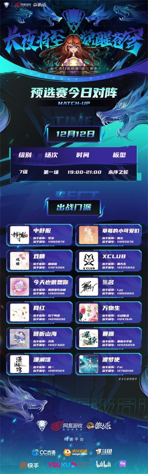 随着黑夜逐渐降临,星空开始苏醒!狼人杀门派联赛·第三季预赛正式拉开帷幕
 随着黑夜逐渐降临,星空开始苏醒!狼人杀门派联赛·第三季预赛正式拉开帷幕